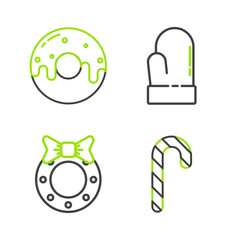 Set line Christmas candy cane with stripes, wreath, mitten and Donut sweet glaze icon. Vector