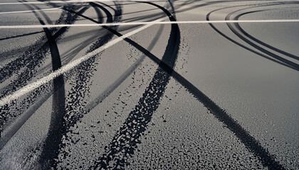 Abstract texture surface and background of car tire drift skid mark on road race track, Black tire mark on street race track, Automobile and automotive concept. IMAGE AI