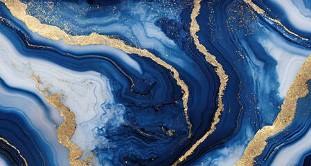 Luxurious navy blue ink marble-like abstract texture with golden dust and agate stone swirls and veins. IMAGE AI