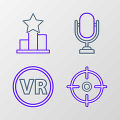 Set line Target sport, Virtual reality glasses, Microphone and Star icon. Vector