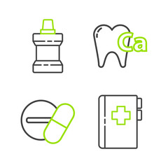 Set line Clipboard with dental card, Medicine pill or tablet, Calcium for tooth and Mouthwash plastic bottle icon. Vector
