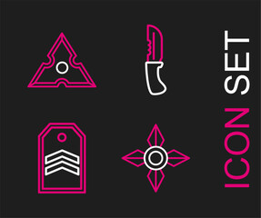 Set line Japanese ninja shuriken, Chevron, Military knife and icon. Vector