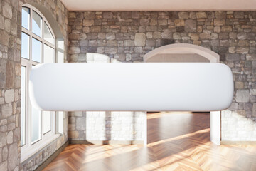 search box text floating in air standing in luxurious loft apartment with arched window and minimalistic interior living room design; 3D Illustration