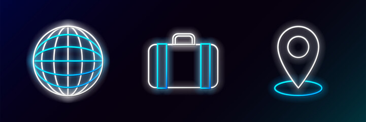 Set line Map pin, Earth globe and Suitcase for travel icon. Glowing neon. Vector