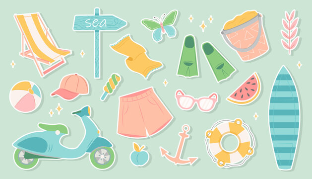 Summer stickers, cute summertime elements, tropical vacation icons. Watermelon, surf board, beach ball, bikini, moped, shots, cocktail, towel, pointer, cap, summer holiday doodles vector set