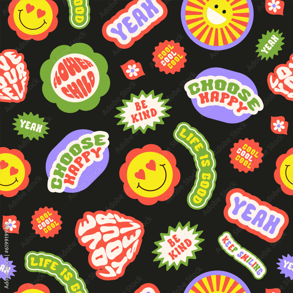 Poster trendy colorful cartoon stickers seamless pattern with smiling face and text. collection of cute fun
