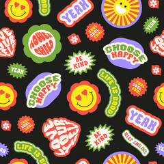 Trendy colorful cartoon stickers seamless pattern with smiling face and text. Collection of cute funny icons, positive slogans in style 70, 80s. Vector illustration