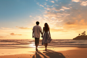 Fototapeta premium Rear view of couple standing in the ocean beach Generative AI