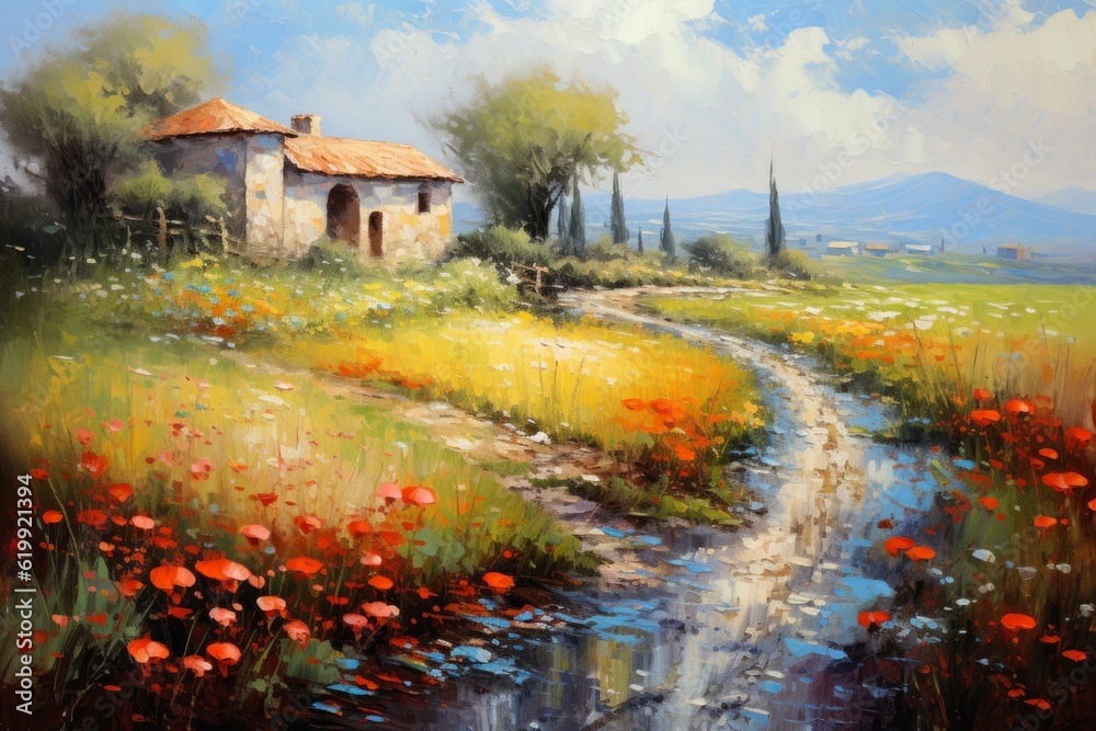 Wall mural oil painting on canvas of a mediterranean landscape of a villa in a vineyard