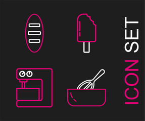 Set line Kitchen whisk and bowl, Electric mixer, Ice cream and Bread loaf icon. Vector