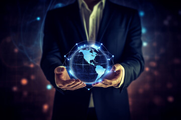 businessman holding an earth globe in his hands with some background. concepts related to business and international relations, as well as those related to the theme of ecology and nature
