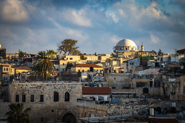 view from austrian hospice over old city of jerusalem, israel, jerusalem, old city, middle east, sunset - obrazy, fototapety, plakaty