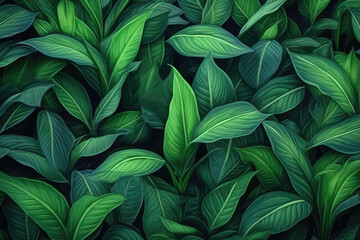 Texture of tropical foliage, abstract background with vibrant green leaves, suitable for desktop wallpaper. Generative Ai, Ai.