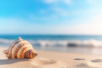 Fototapeta na wymiar seascape with a shell sitting on the sand of the ocean coast view. tourism, beach vacation, ecology