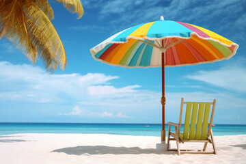 colorful umbrella on the beach next to a chair. beach life, tourism, summer vacation