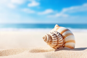 Fototapeta na wymiar seascape with a shell sitting on the sand of the ocean coast view. tourism, beach vacation, ecology