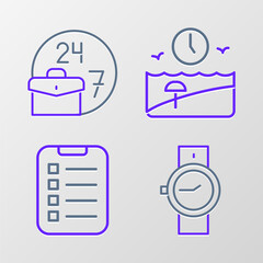 Set line Wrist watch, To do list or planning, Vacation time and Always busy icon. Vector