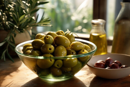 Glass Bowl Of Olives On A Wooden Table. Culinary Projects, Materials On The Restaurant Industry, Promotional Materials On Healthy Eating