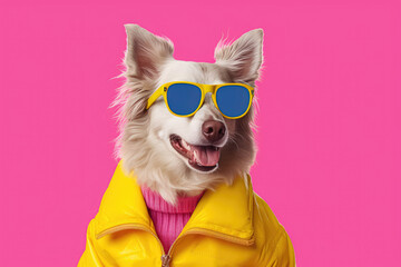 Fototapeta premium Stylish dog donning a funky fashion dress, including a bright yellow jacket, vest, and sunglasses. Generative Ai, Ai.