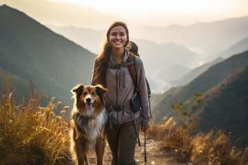 woman hiking with her dog on a mountain ridge. She is on a steep slope of the mountain, where an amazing view of the surroundings can be seen.