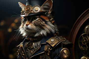 Fototapeta premium Immerse yourself in the steampunk aesthetic as a cat comes to life, rendered with exquisite detail using octane render. Generative Ai.
