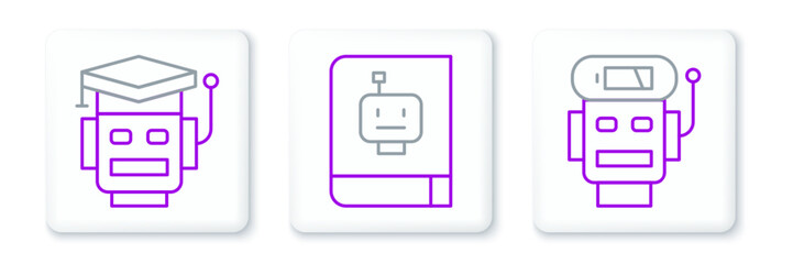 Obraz premium Set line Robot low battery charge, and User manual icon. Vector