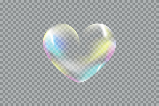 Realistic transparent multicolored rainbow vector soap bubble shaped as heart. Glossy romantic soapy heart. Valentine day symbol. Transparent background.