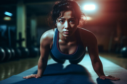 woman in sportswear doing physical exercises in the gym. She is doing push ups on a mat, leaning against the floor with her hands.