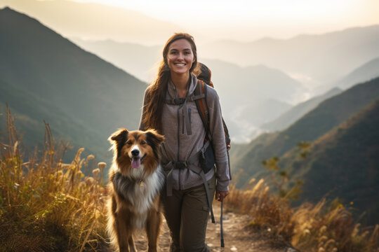 Woman Hiking With Her Dog On A Mountain Ridge. She Is On A Steep Slope Of The Mountain, Where An Amazing View Of The Surroundings Can Be Seen.