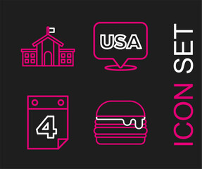 Set line Burger, Calendar with date July 4, USA Independence day and United States Capitol Congress icon. Vector
