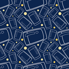 white doodle line drinking glass with yellow dots seamless pattern on navy blue background. vector abstract.