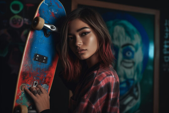skater girl standing in the dark in front of colorful painted walls with a skateboard. She is wearing a cap, a t-shirt, and shorts