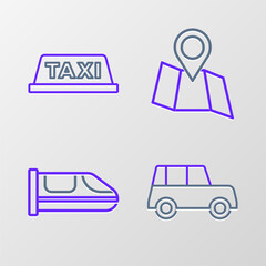 Set line Car, High-speed train, Folded map with location and Taxi car roof icon. Vector