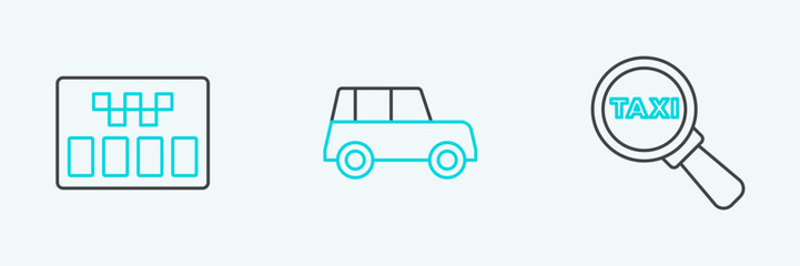 Set line Magnifying glass and taxi car, Taximeter and Car icon. Vector