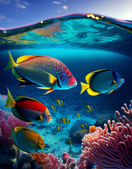 Naklejka na ściany i meble fish in the sea, brilliant color, fish, coral, underwater, sea, reef, tropical, ocean, water, aquarium, marine, nature, scuba, colorful, aquatic, snorkeling, wildlife