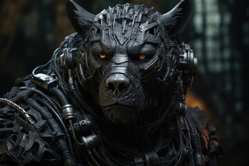Realistic 3D sculpture of a black bear with a robot head in cinematic lighting, showcasing an intricate and captivating artwork masterpiece. Generative Ai.