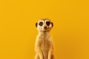 meerkat standing up on a yellow background. The photo is cute and could be associated with wild animals and exotic trips to Africa.