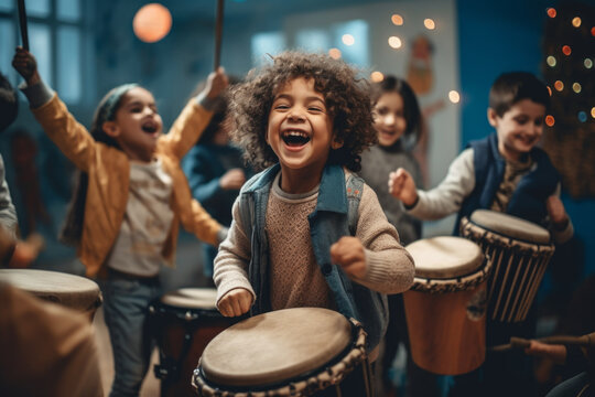 little kids playing drums in a room. are focused on the music and having a fun time together. The photo creates an atmosphere of carefree childlike fun.