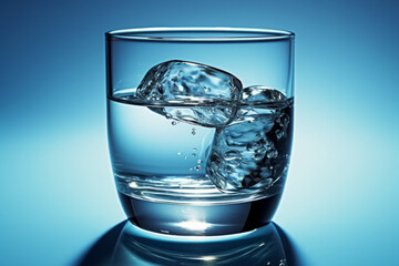 water in a glass on a background with ice cubes on it. The ice cubes create a cold effect, while the glass of water creates a sense of fresh and clean liquid.