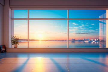  modern empty room with large panoramic windows with sunset light and river views from the window. Generative AI