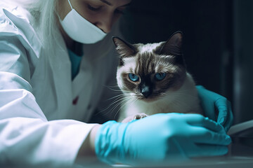 Veterinarian, a vet checking a cat at a vet clinic, AI generative image.