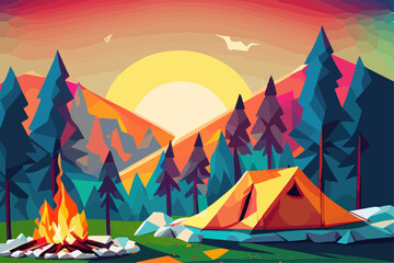 Fototapeta na wymiar Campfire in the forest in the night. Vector illustration of fire in the nature. Traveling illustration. Holiday camp, cartoon style landscape. Mountain vacation. Bonfire in the wood for picnic.