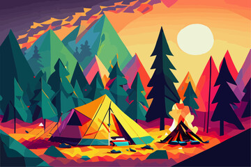Campfire in the forest in the night. Vector illustration of fire in the nature. Traveling illustration. Holiday camp, cartoon style landscape. Mountain vacation. Bonfire in the wood for picnic.