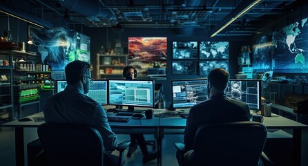 cyber security center or cctv room with staff monitoring on screen, Generative Ai
