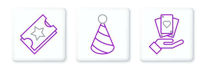 Set line Hand holding playing cards, Ticket and Party hat icon. Vector