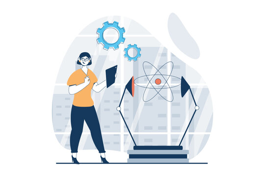 Data science concept with people scene in flat design for web. Woman scientist works with molecule in lab, researching and testing. Vector illustration for social media banner, marketing material.