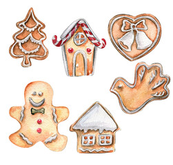 A set of Christmas cookie. Hand drawn watercolor illustration of pastry in bird, house, heart form for winter holiday.Perfect for post cards, invitation, t-shirt, posters, party, mug, home decoration.