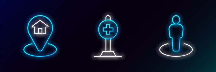 Set line Location with person, house and cross hospital icon. Glowing neon. Vector