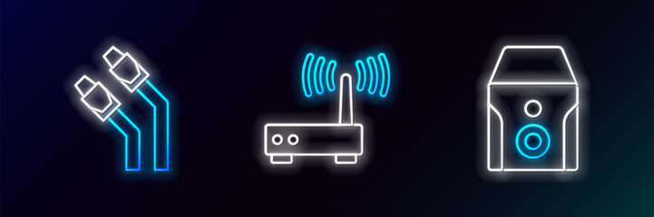 Set line Uninterruptible power supply, LAN cable network internet and Router and wi-fi signal icon. Glowing neon. Vector