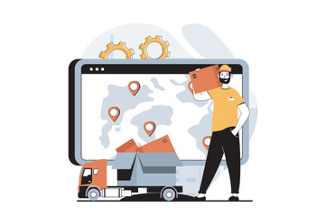Delivery service concept with people scene in flat design for web. Global logistics, postal services and transportation around world. Vector illustration for social media banner, marketing material.